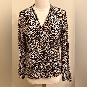 Jones New York Signature Animal Print Brown Surplice Long Sleeve Casual Top SZ L